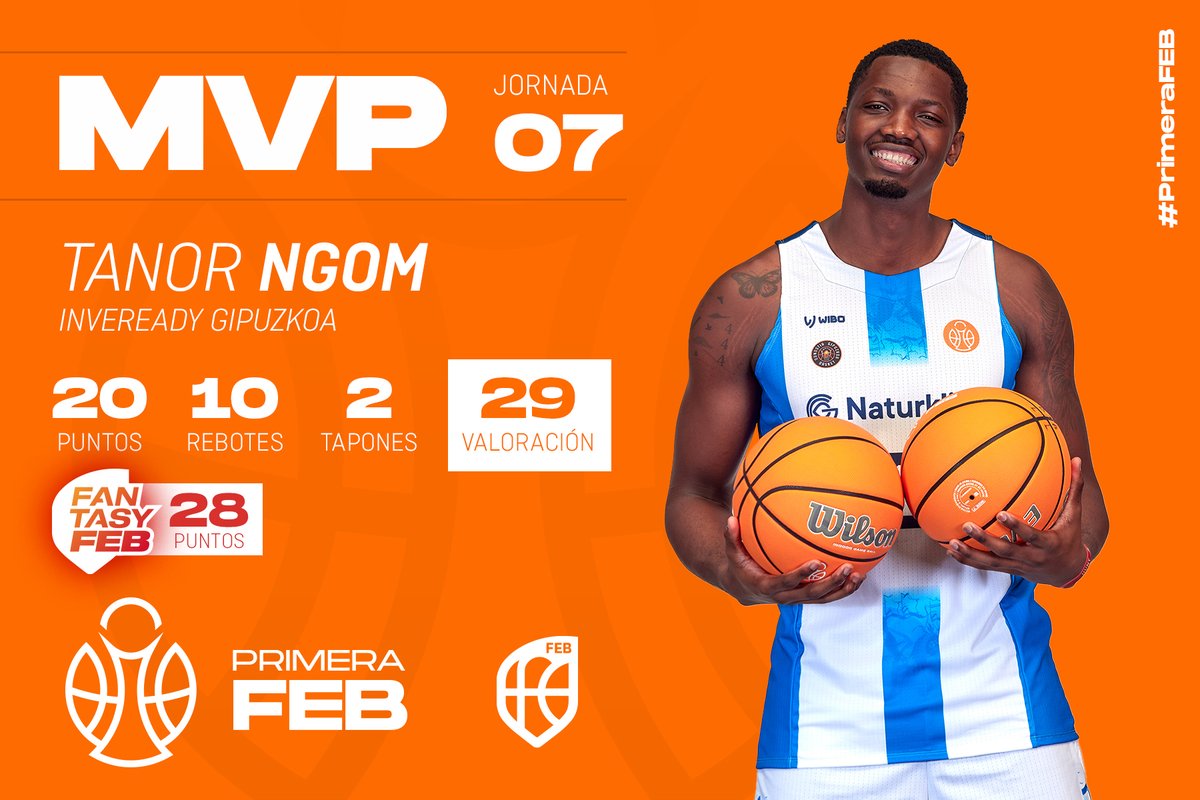 🟠 MVP #PrimeraFEB: Tanor Ngom, el MVP del clavo ardiendo del Inveready <a href="/gipuzkoabasket/">Inveready Gipuzkoa Basket</a> 

▶️ La 🇯7⃣ trajo su estreno sin premio en Donosti

📊 29 val ➡️20 puntos, 10 rebotes, 2 recuperaciones, 2 tapones y 7 faltas rec.

🖐 Quinteto ideal ⬇
feb.es/2025/11/10/bal…