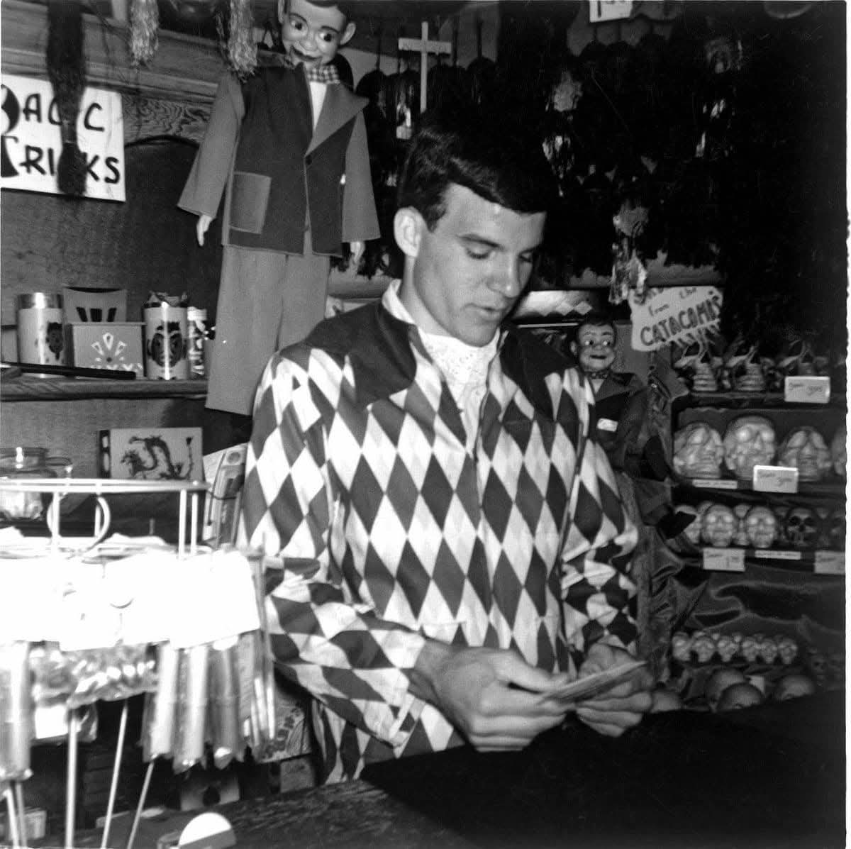 Steve Martin working in the magic shop at Disneyland! Probably late 1960s