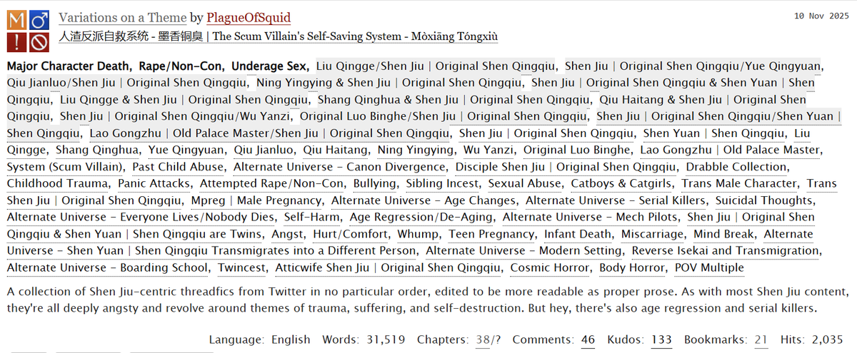 If you want to reread one of my Shen Jiu threadfics or catch up on ones you've missed, I archive all of them on AO3 as a multichapter fic, which I update regularly. Currently sitting at 38 chapters.

Link in the replies ⬇️