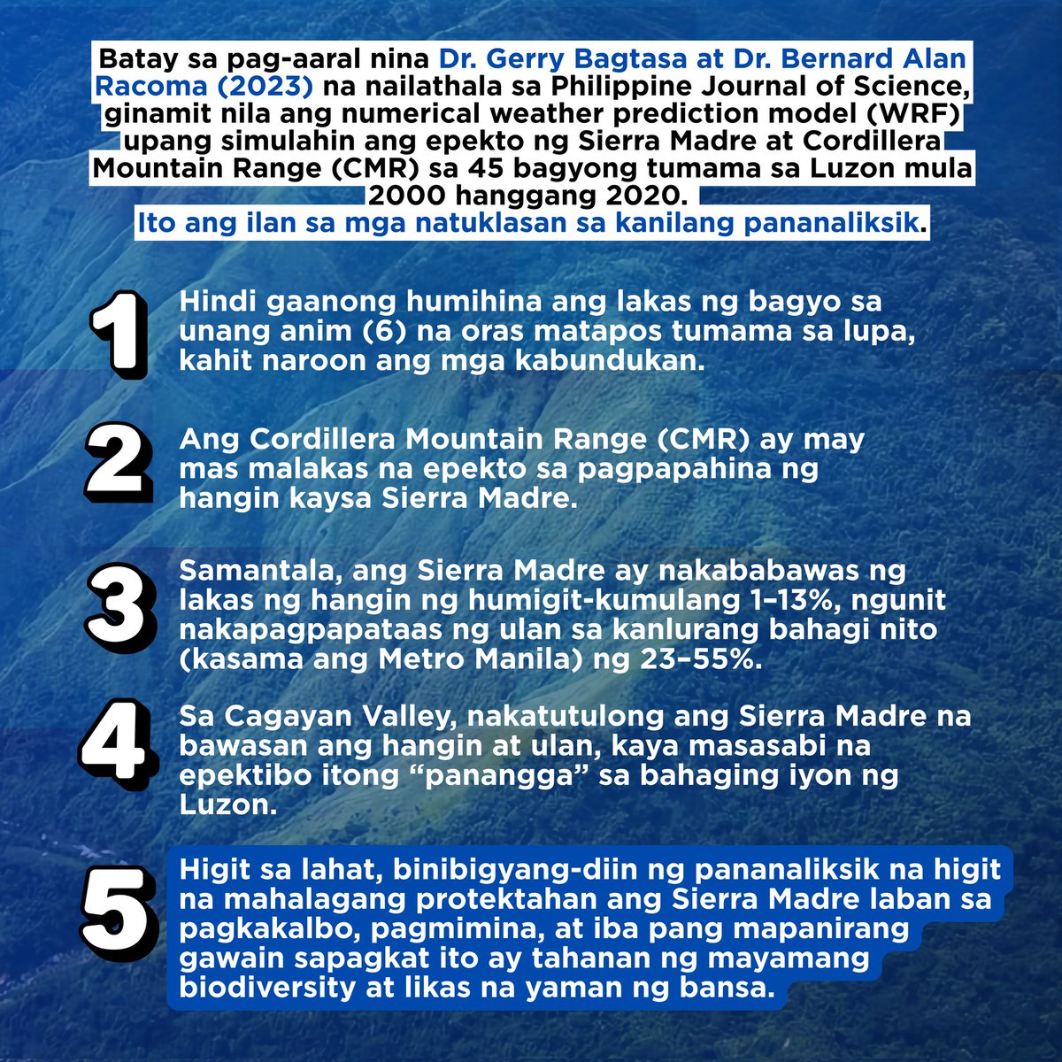 ALAMIN: Maaaring sabihing nakatutulong ang Sierra Madre Mountain Range bilang panangga sa mga bagyo sa Luzon sapagkat may kakayahan itong bahagyang pahinain o bagalan ang lakas ng hanging dala ng bagyo—lalo na sa hilagang-silangang bahagi ng rehiyon. Gayunman, hindi ito