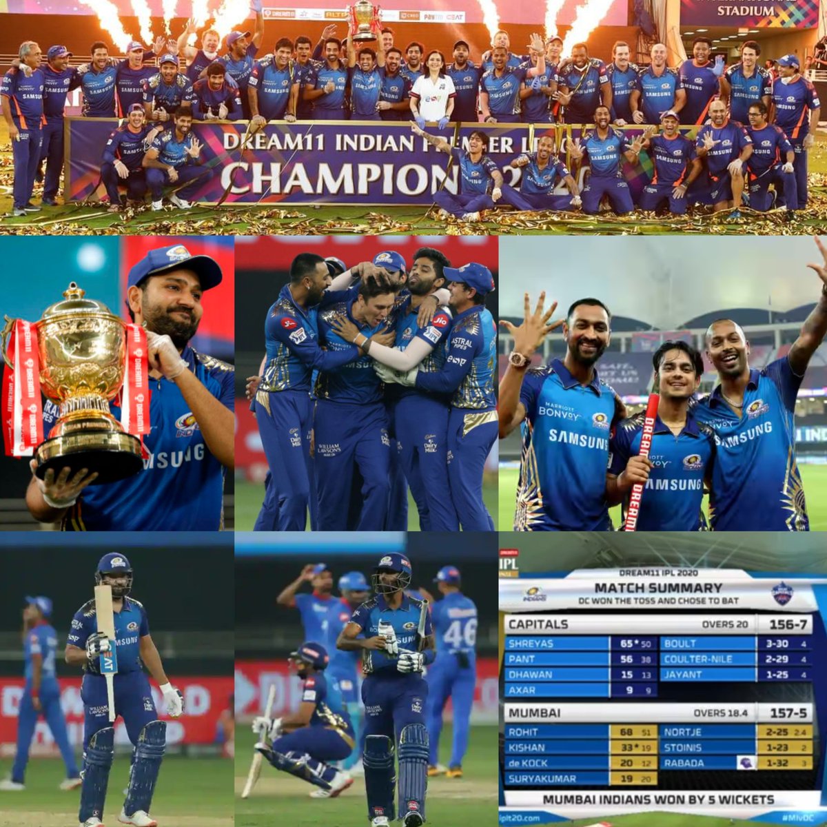 #OnThisDay in 2020

𝗠𝘂𝗺𝗯𝗮𝗶 𝗜𝗻𝗱𝗶𝗮𝗻𝘀 lifted their 5th IPL Trophy 🏆
(MI Defeated DC for 4th time in this Season)

During this match, 𝗥𝗼𝗵𝗶𝘁 became ONLY Captain to Score 50s in IPL Final (Twice)

𝗧𝗿𝗲𝗻𝘁 𝗕𝗼𝘂𝗹𝘁 won M.O.M Award (4-0-30-3)