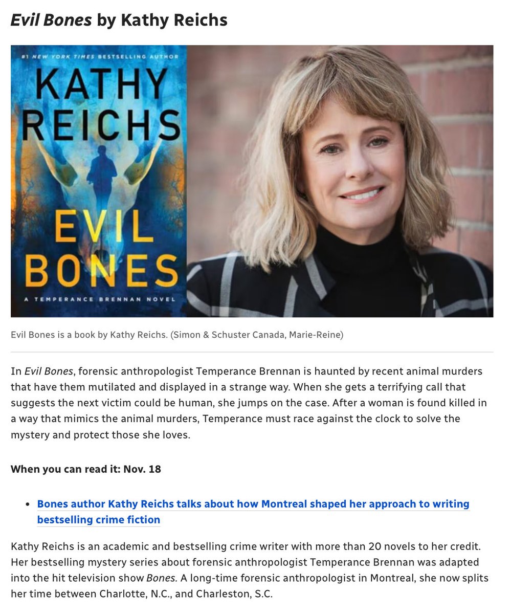 <a href="/KathyReichs/">Kathy Reichs</a>  #EvilBones 14 Canadian books coming out in November
cbc.ca/books/14-canad…  via <a href="/CBC/">CBC</a>