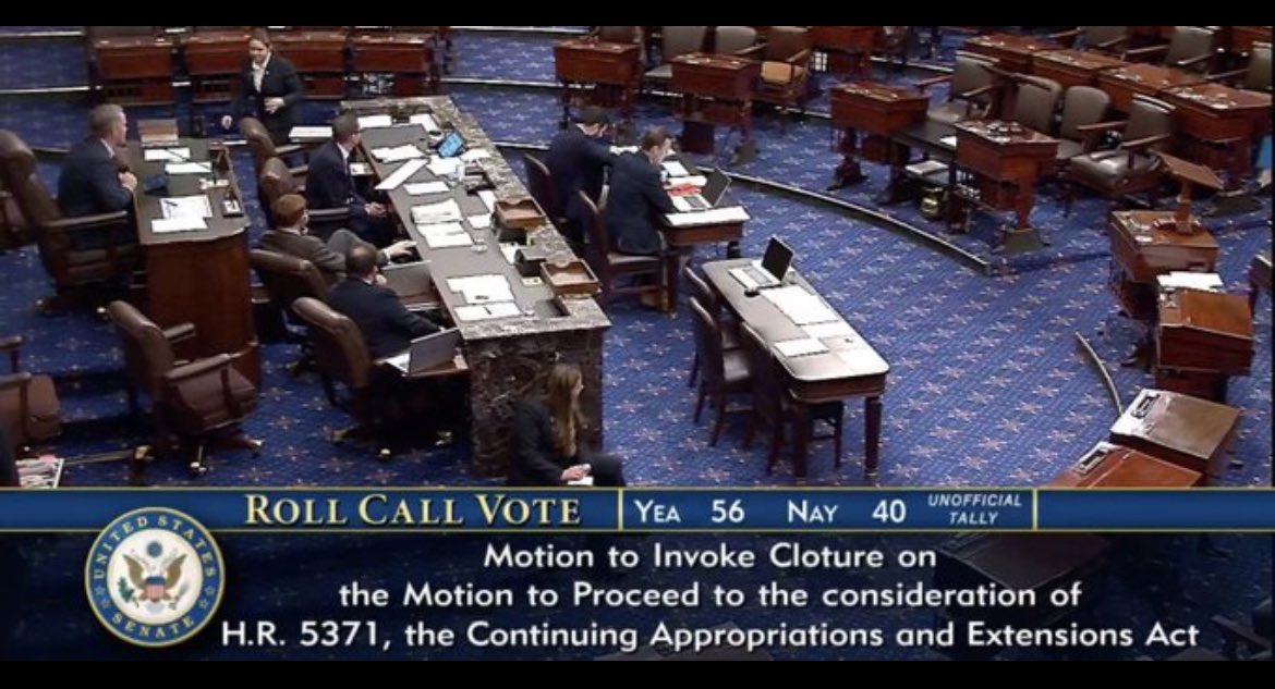 BREAKING: The Senate votes 56–40 to advance the bill to end the government shutdown, as 8 Democrats — Durbin, Hassan, King, Cortez Masto, Kaine, Shaheen, Rosen, and Fetterman — join 52 Republicans to reopen the government. 🇺🇸

Final passage vote coming soon — 60 votes needed for