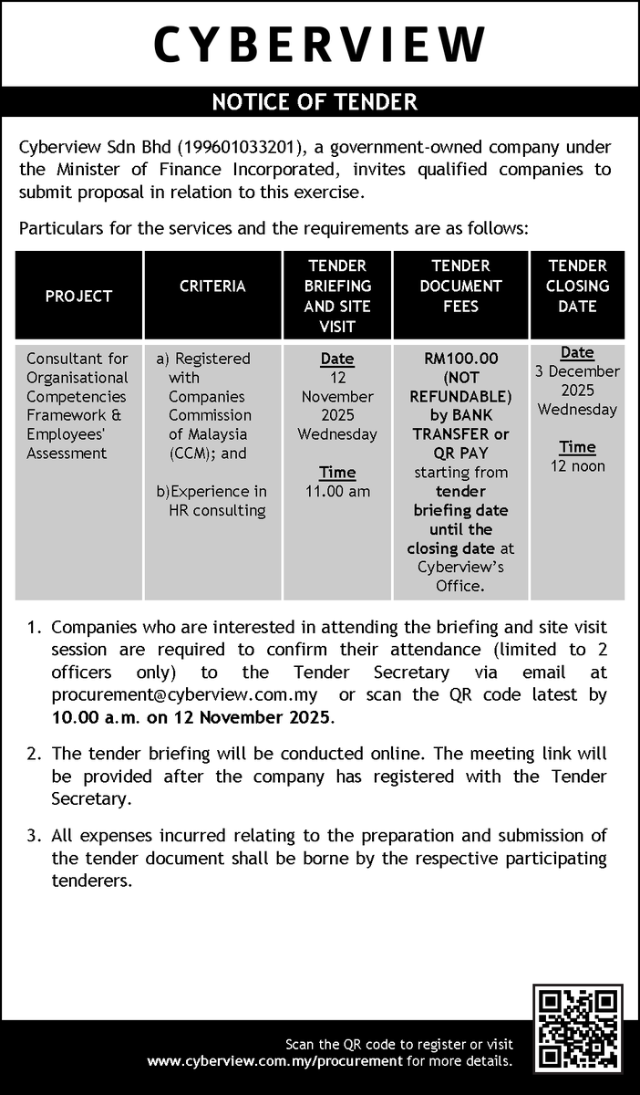 CyberviewMY's tweet image. Calling all interested/qualified vendors to participate in the following tender exercise with Cyberview Sdn Bhd.

For more info go to cyberview.com.my/procurement

#CyberviewMY
#TechHubDeveloper
#cyberjaya
#GlobalTechHub