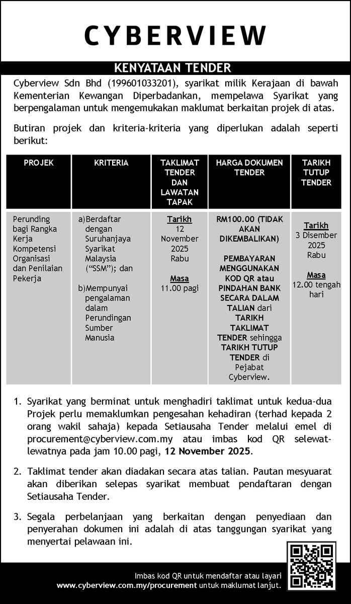 CyberviewMY's tweet image. Calling all interested/qualified vendors to participate in the following tender exercise with Cyberview Sdn Bhd.

For more info go to cyberview.com.my/procurement

#CyberviewMY
#TechHubDeveloper
#cyberjaya
#GlobalTechHub
