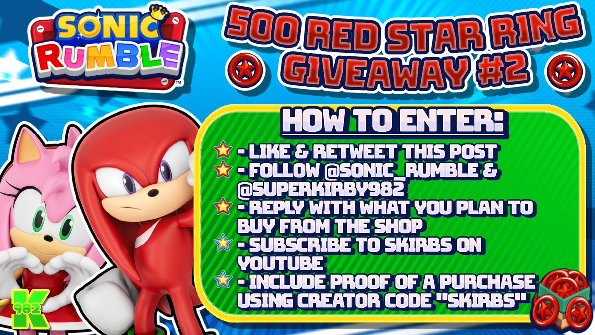 To celebrate the global launch of <a href="/Sonic_Rumble/">Sonic Rumble</a> I am doing another 500 Red Star Ring giveaway! 🥳🥳

As a reminder, the last two steps are OPTIONAL, but they give you a better chance at being selected!

⚠ Ends November 12th at 12:00 PM (PST) ⚠

#SonicRumble #SonicRumblePartner