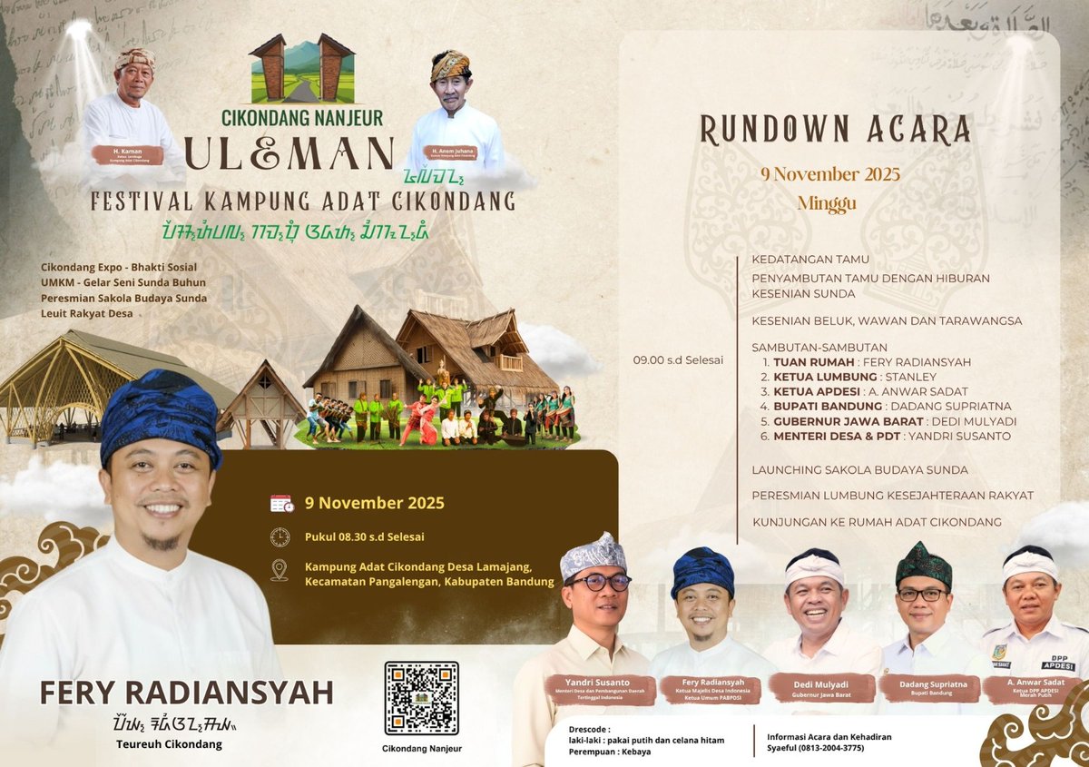Menteri Yandri Susanto hadir di Festival Kampung Adat Cikondang, mendorong desa wisata dan lumbung pangan untuk kesejahteraan dan pemberantasan. Kemiskinan.

#DesaWisataCikondang
#SaveLumbungPangan
#MenteriDesaDiCikondang

<a href="/prabowo/">Prabowo Subianto</a>
<a href="/YandriSusanto/">Yandri Susanto</a>
<a href="/ArizaPatria/">Ariza Patria</a>