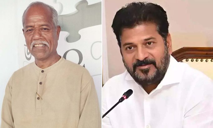 Two men are shown side by side. The left man is elderly with gray hair a mustache and wears a beige kurta standing against a light gray background. The right man has dark hair a beard wears a white shirt and speaks into a microphone at a podium with wooden accents in the background.