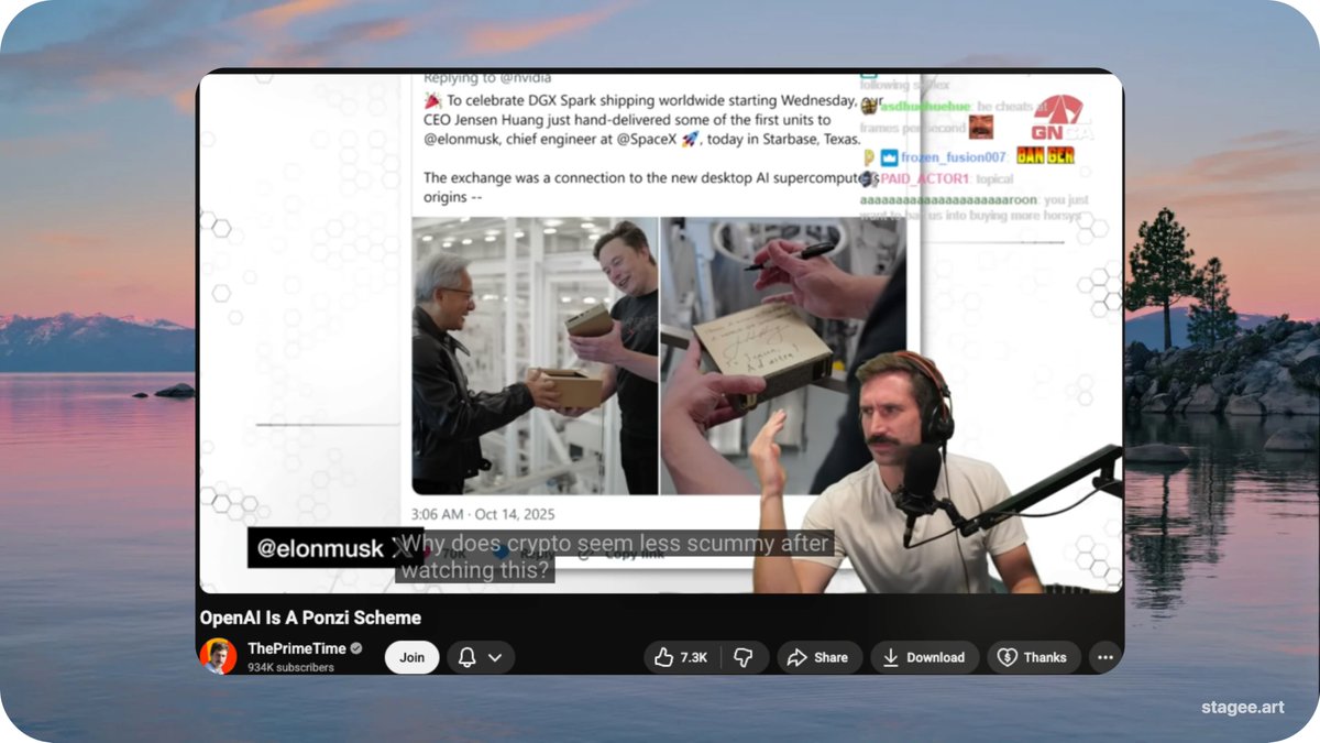 thepranav's tweet image. Heard @ThePrimeagen say &quot;Why does Crypto feel less scammy after watching this&quot; in reference to the AI bubble

I think we should frame this chat.