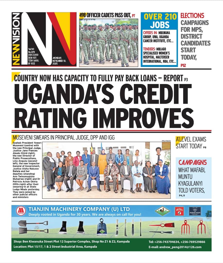 newvisionwire's tweet image. 🗞 NEW VISION | MONDAY EDITION

🇺🇬 Uganda’s credit rating improves 

⚖️ Museveni swears in Principal Judge, DPP and IGG

🧑🏽‍🎓 A 'Level exams start today 

👉 Don’t miss the full stories and more in #NewVision Monday Edition.
Read the #EPAPER here: 🔗 epapers.visiongroup.co.ug…
