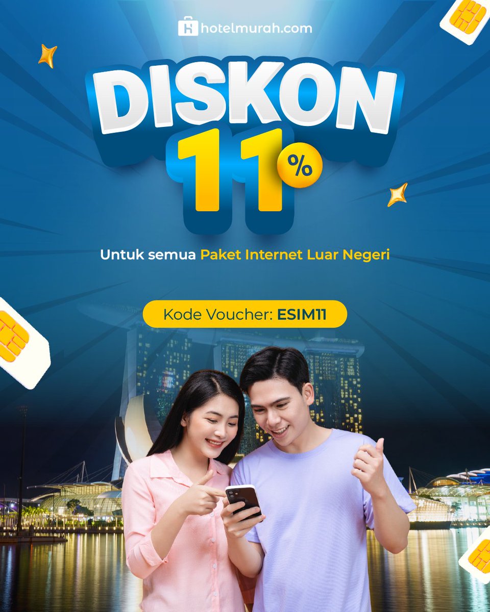 HotelMurahcom's tweet photo. 🌏✨ Spesial 11.11! ✨

Nikmati Diskon 11% untuk semua Paket Internet Luar Negeri (eSIM) hanya di https://t.co/MAhJQAQek6 
🗓️ Periode promo: 10–15 November 2025
Buruan, saatnya internetan hemat di luar negeri!🌍

#HotelMurah #Promo1111 #SuperSale #DiskonESIM #TravelHemat https://t.co/fhcW4CacLg