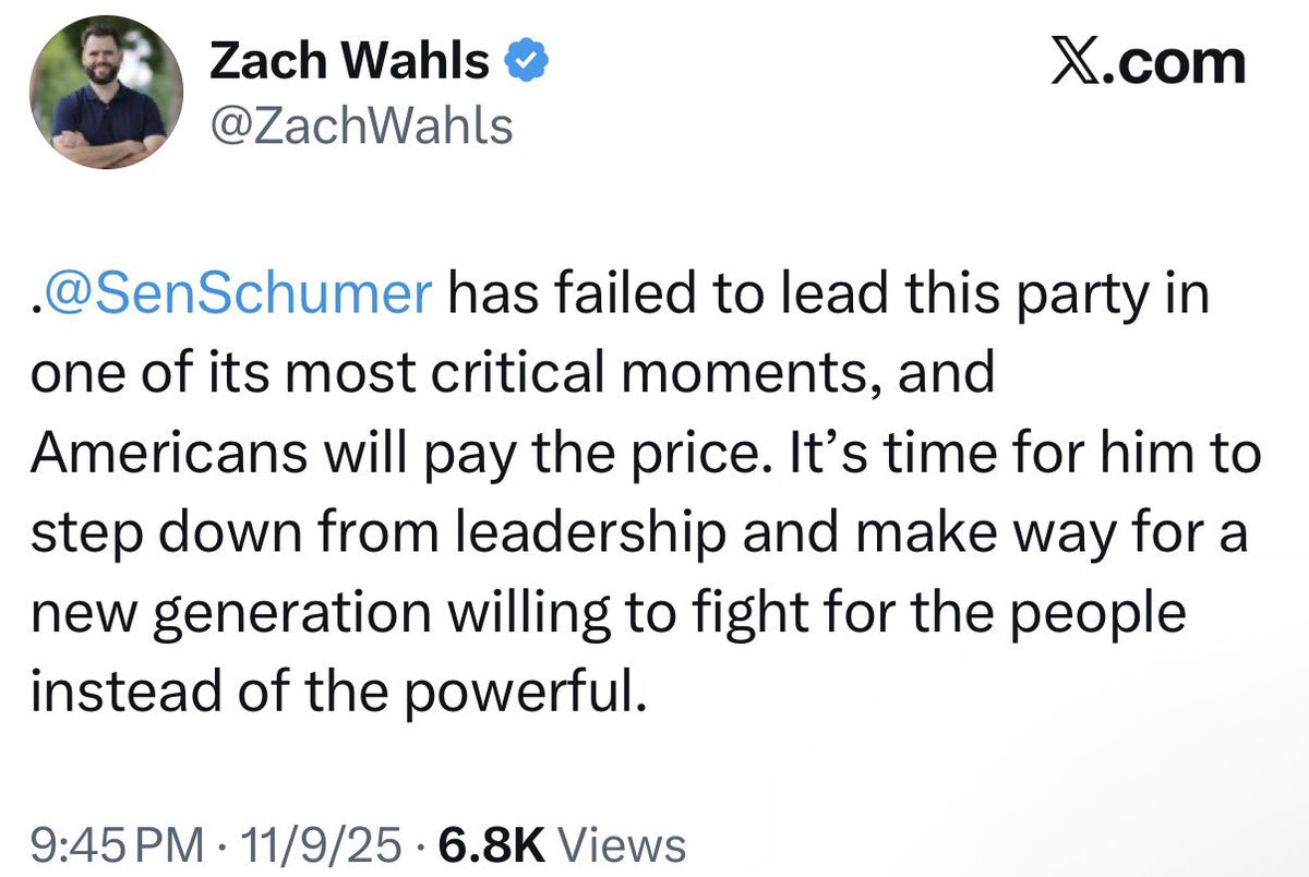 PollTracker2024's tweet image. Iowa Democratic Senate candidate Zach Wahls calls for Schumer’s ouster as Minority Leader: