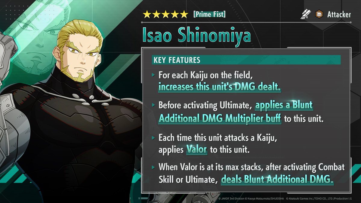 kj8_TheGame_EN's tweet image. ◤ 　#KaijuNo8THEGAME
　 Character Skill Showcase　 ◢

★5 [Prime Fist]
Isao Shinomiya (Blunt/Attacker）

#K8Game #KaijuNo8