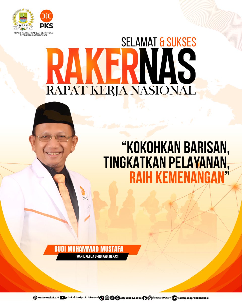 Selamat &amp; Sukses Rakernas PKS, 10–12 November 2025 di Jakarta dengan tema: “Kokohkan Barisan, Tingkatkan Pelayanan, Raih Kemenangan.”

Mohon doa dan dukungan agar Rakernas PKS berjalan lancar, menghasilkan keputusan terbaik, dan membawa keberkahan bagi perjuangan PKS Indonesia.
