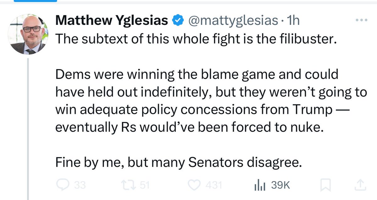 I think this is basically correct.

These Senate Dems who are caving are doing so because they value the preservation of the filibuster over all of their supposed policy priorities.