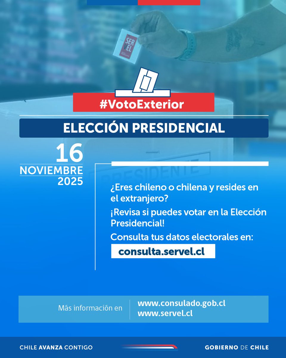 🗳️ #VotoExterior | ¿Quiénes pueden votar en la Elección Presidencial?
Conoce los detalles del voto de chilenas y chilenos en el extranjero en bit.ly/votoexterior20…
📷