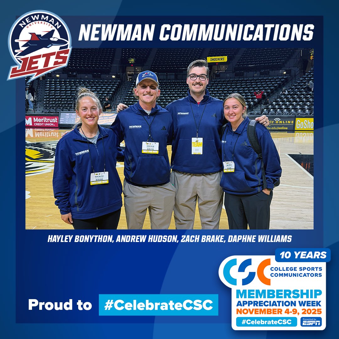 TheMIAA's tweet image. Our final @CollSportsComm Membership Appreciate Week shoutout goes to the communications/sports information staff for the @NewmanJets 🛩️

𝗧𝗛𝗔𝗡𝗞 𝗬𝗢𝗨 to Zach and Daphne, and their graduate assistants Andrew and Hayley, for everything they do for Newman athletics 💙❤️…