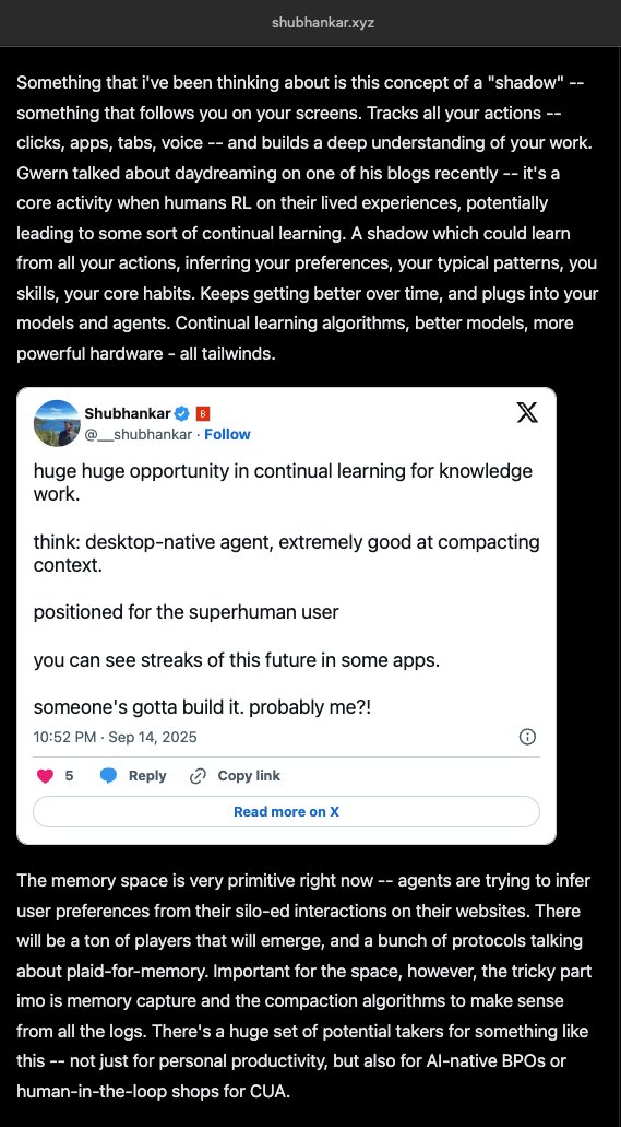 been thinking about this for a while. 

solve for memory capture, and feed to all agents. 

on my blog: shubhankar.xyz/?post=shorter-…
