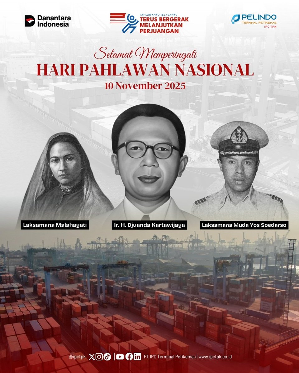Hai #containerlovers 

Selamat memperingati Hari Pahlawan Nasional 2025! 

Pada 10 November ini, mari kita tak hanya mengenang perjuangan di darat, tapi juga jasa-jasa heroik para Pahlawan Maritim kita. 
 #Pelindo #pelindoterminalpetikemas #pelindogroup #sptpgroup