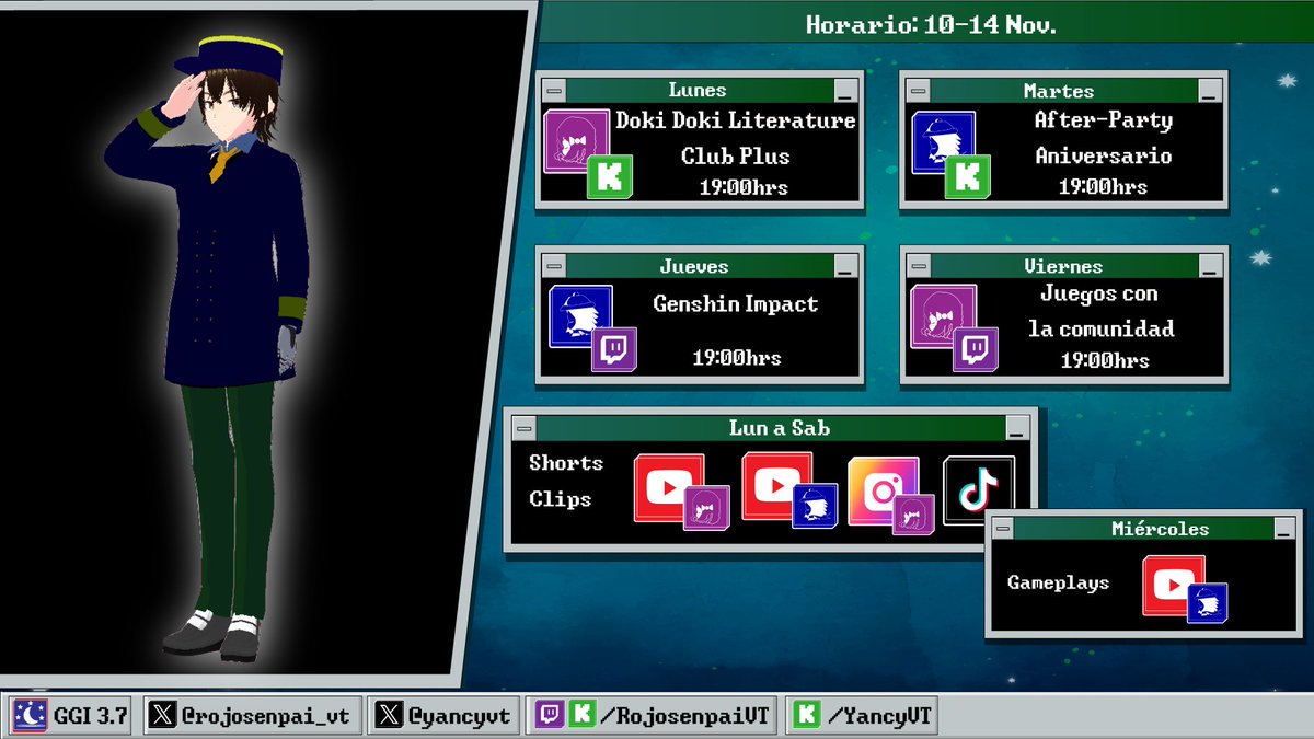 ATENCIÓN: Les presento el nuevo horario del canal!!

Y prepárense que la fiesta del Aniversario continua el martes en Kick.

Y ahora se viene una fuerte disciplina en cuanto a subir contenido.

#Vtuber #VtuberES #Vtubers #VTuberUprising