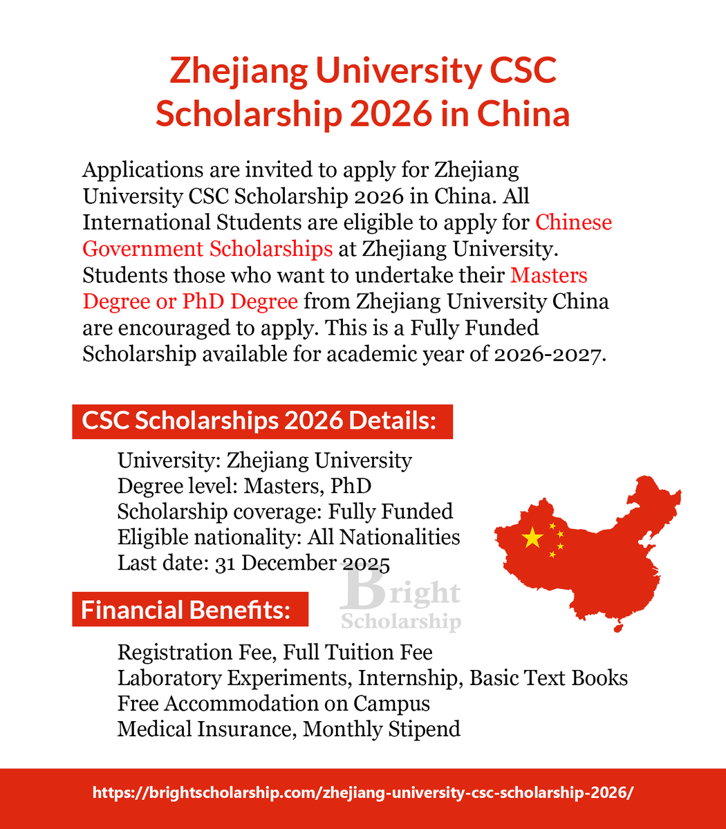 BrightSship's tweet image. Zhejiang University CSC Scholarship 2026 in China (Fully Funded)

Degree level: Masters, PhD
Last date: 31 December 2025

Apply Link: brightscholarship.com/zhejiang-unive…

#BrightScholarship #FullyFunded #Scholarship #China #Students #studyabroad #study #studyinChina #MastersinChina