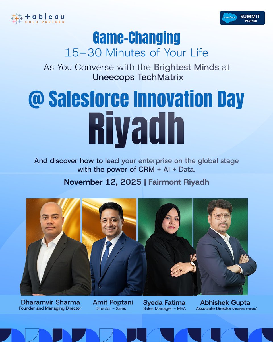 Uneecops's tweet image. 𝐌𝐞𝐞𝐭 𝐨𝐮𝐫 𝐥𝐞𝐚𝐝𝐞𝐫𝐬𝐡𝐢𝐩 in 𝐑𝐢𝐲𝐚𝐝𝐡 𝐨𝐧 12𝐭𝐡 𝐍𝐨𝐯𝐞𝐦𝐛𝐞𝐫.

This is the most valuable half-hour you will spend at #SalesforceInnovationDay #Riyadh 2025!

#innovationday #innovationdayriyadh #saudiarabia #saudiarabiaevents #eventinriyadh #ai #data #crm