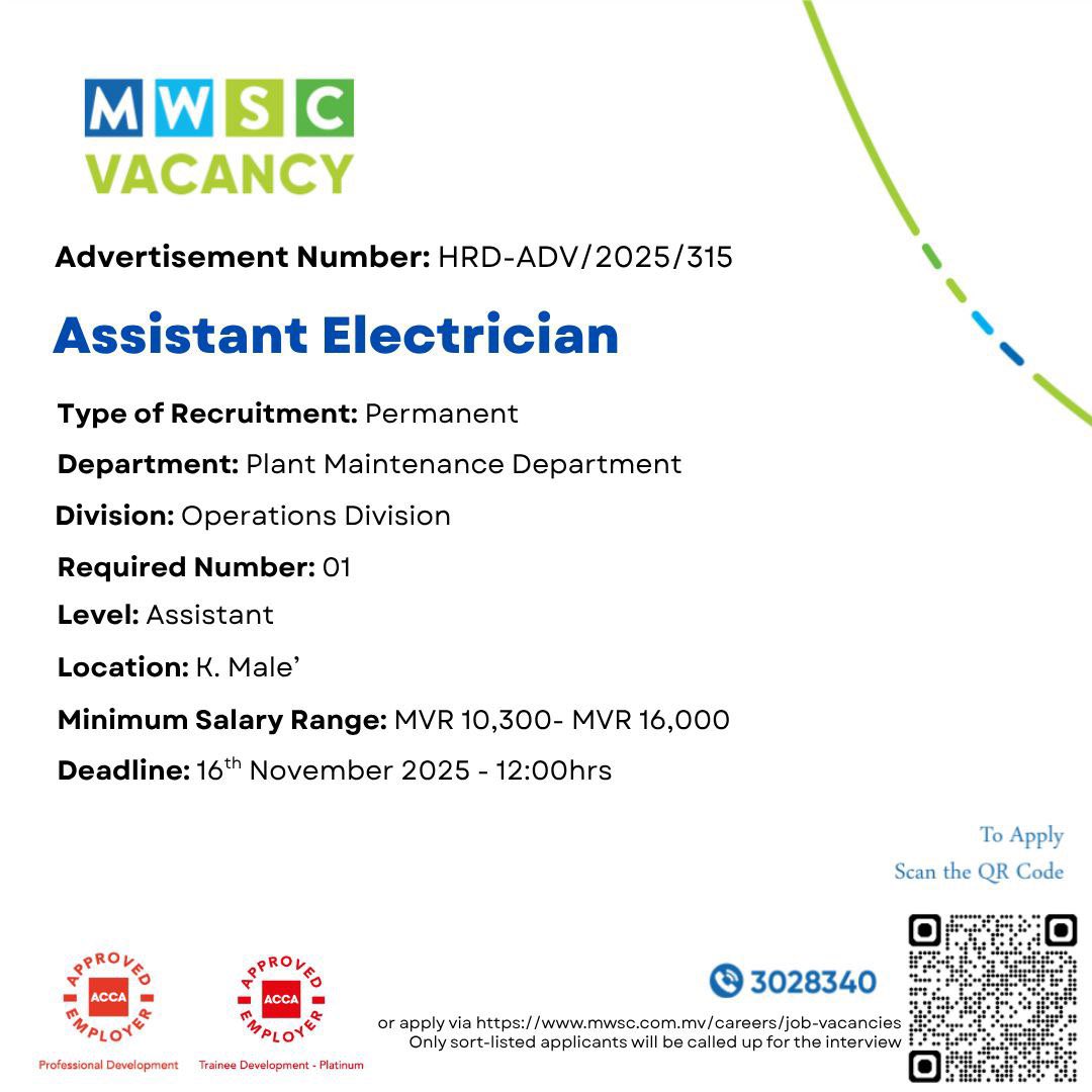 Be a part of MWSC!               
Apply now: mwsc.com.mv/careers/job-va…
#TeamMWSC