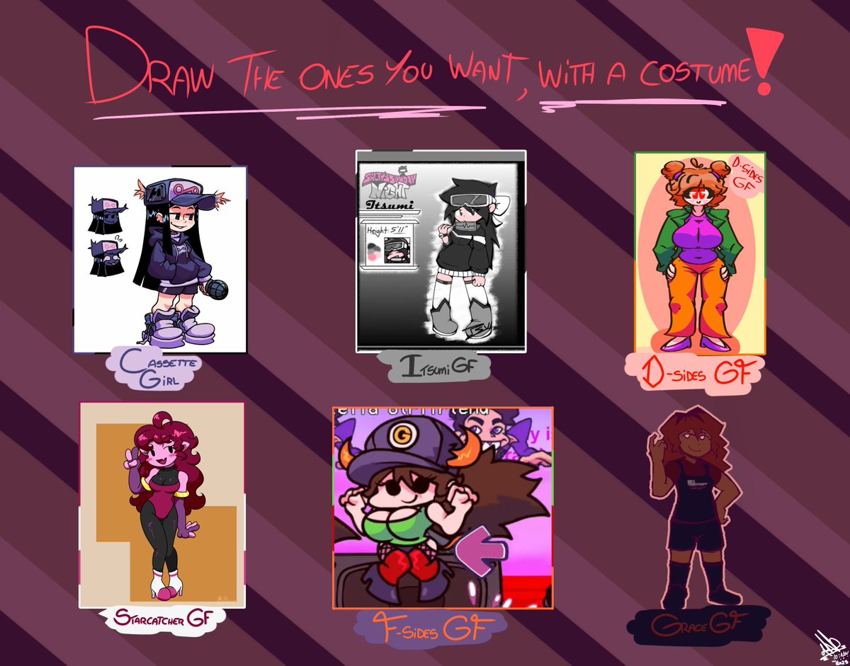 It's that time again, fellas! 😁

Pick the gals you'd like to see in the next drive part! But this time, I let ya draw them a costume! So ye, get em some cool outfits and stuff, please :3

The ones that get the most votes and most doodles with unique costumes will join!
