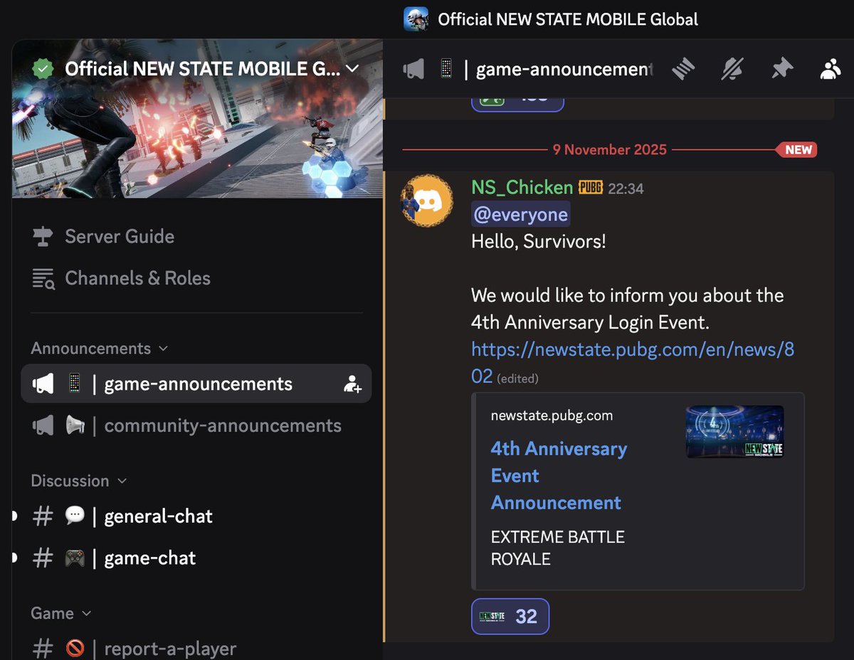 Hello, Survivors! <a href="/NEWSTATEMOBILE/">NEW STATE MOBILE</a> would like to inform you about the 4th Anniversary Login Event.🔥🔥🔥

newstate.pubg.com/en/news/802

<a href="/STATEXiaoGu/">STATE小顾Zzz</a> <a href="/EscapingKid/">Gab</a> <a href="/m8pel/">‏ٰ</a>

#NewStateMobile #4thAnniversary