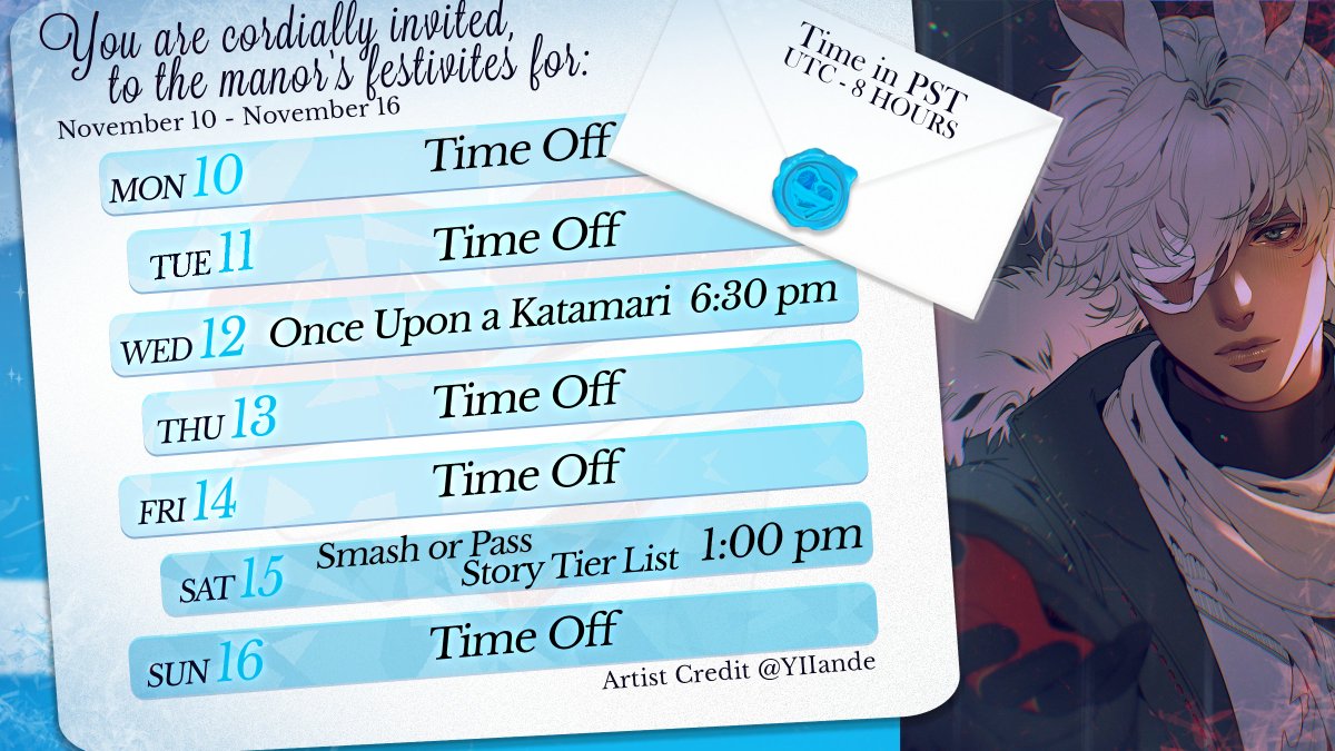 Birthday is tomorrow on November 10th, but working on things for Saturday's celebration! There's a smash or pass and story tier list! There's time to still enter!

Smash or Pass:
x.com/TwoBitRabbit/s…

Story Tier List:
x.com/TwoBitRabbit/s…

Schedule Design: @/NegaiLab