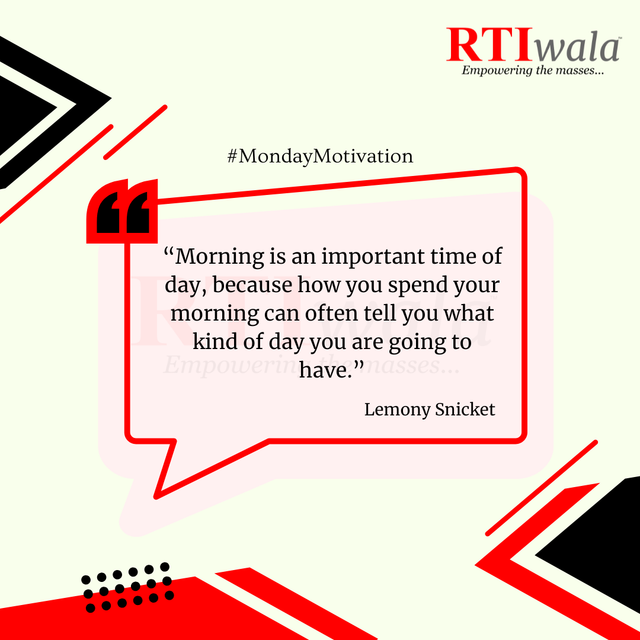 RTIwala's tweet image. ☀️ Morning is an important time of day, because how you spend your morning can often tell you what kind of day you are going to have. — Lemony Snicket

Call us: +91-799-506-996 now.

#MondayMotivation #MorningVibes #RTIwala #Inspiration #GodMorningMonday #WorldScienceDay