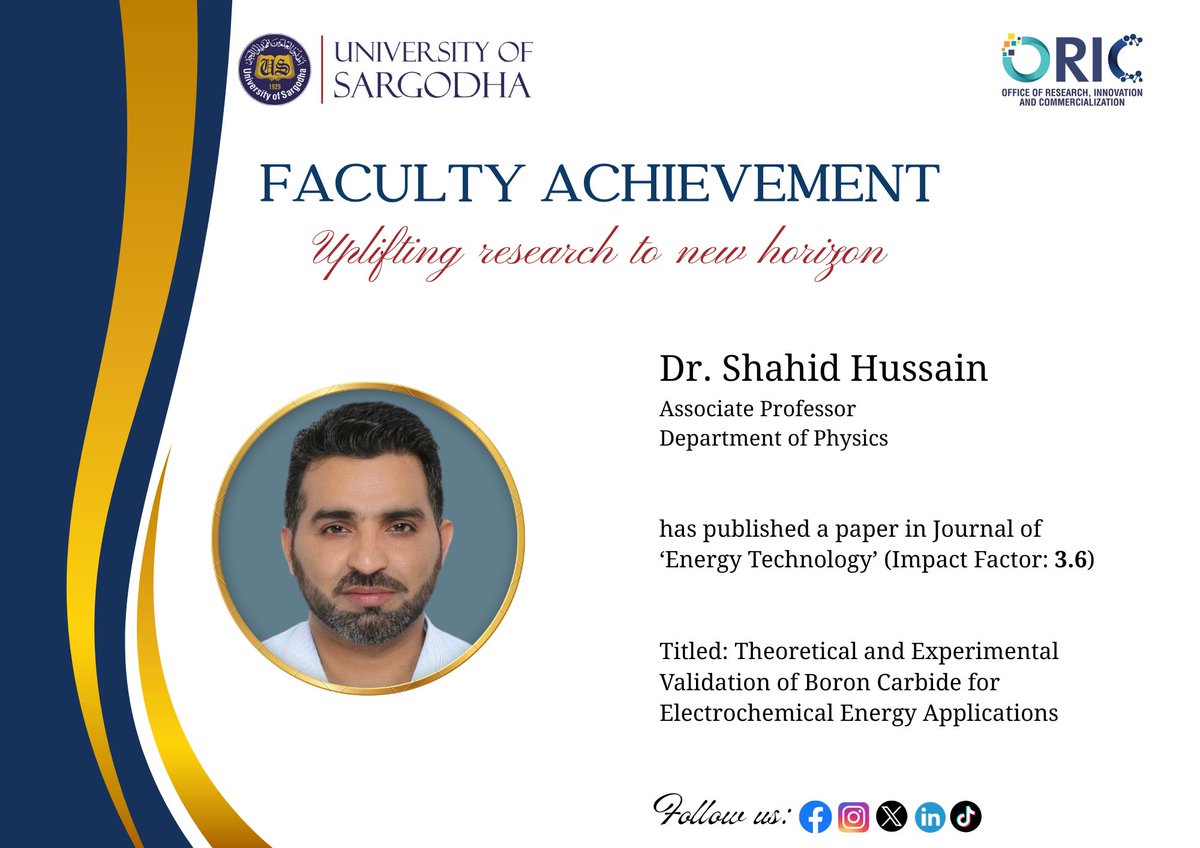 OricUos's tweet image. ORIC-UOS Congratulates, Dr. Shahid Hussain, Associate Professor, Department of Physics, UoS, on the publication of Research Paper with Impact Factor: 3.6. Wishing you great success in your future endeavors.
#uosoric #publicationjourney #researchdevelopment #newhorizon
