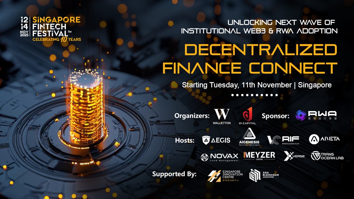 🔥 The future of finance is ON-CHAIN. We’re kicking off Decentralized Finance Connect at Singapore FinTech Festival 2025 , where Institutions meet Web3 + RWA at scale. This is where the next wave begins. 

📍Nov 11 • Singapore

#DeFi #RWA #Web3 #SFF2025