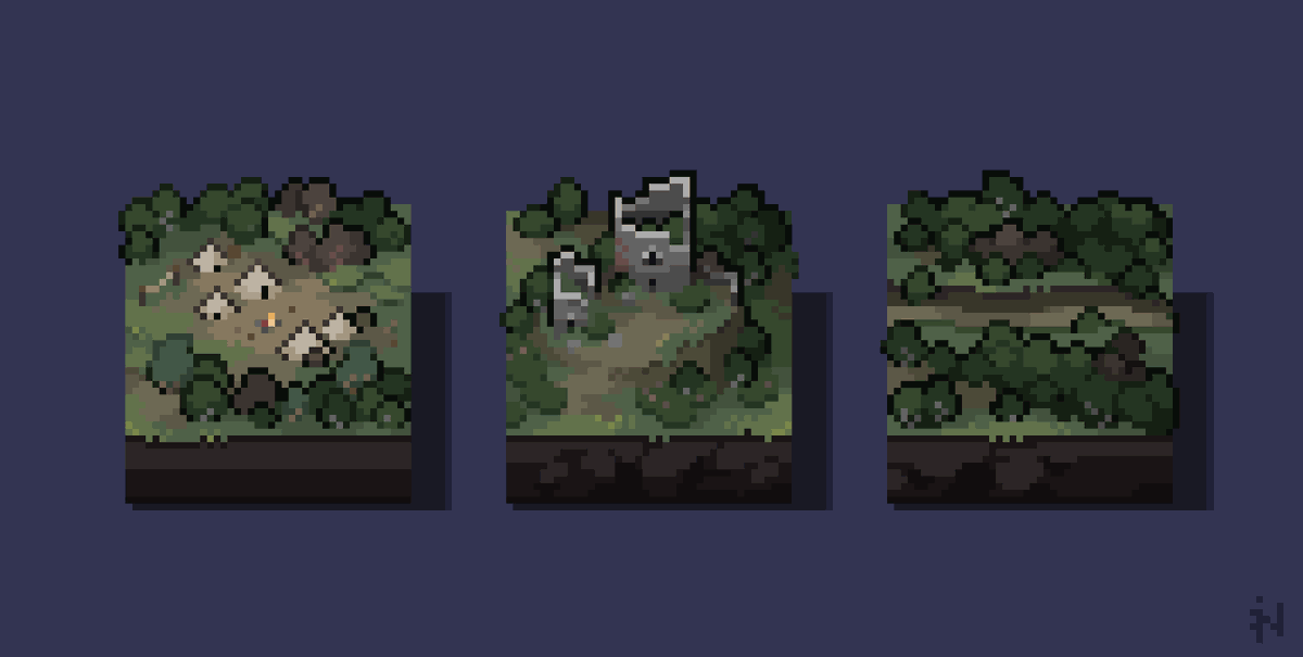 More forest tiles, camp, ruins and a road

#pixelart