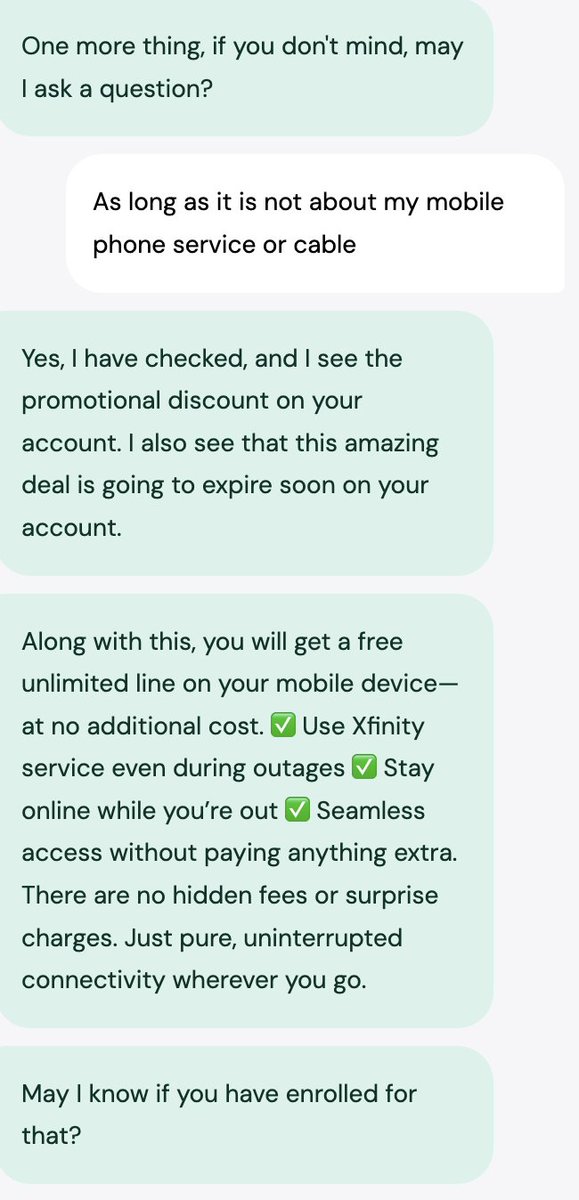 BuzzTravelBlog's tweet image. When you spend so much time with Xfinity chat support that you have their entire script memorized.

Agent: Can I ask a question
Me: As long is it isn&apos;t about cell phone service or cable
Agent: Copy and Pastes About Cell Phone Service

@Xfinity @XfinitySupport #xfinity #comcast