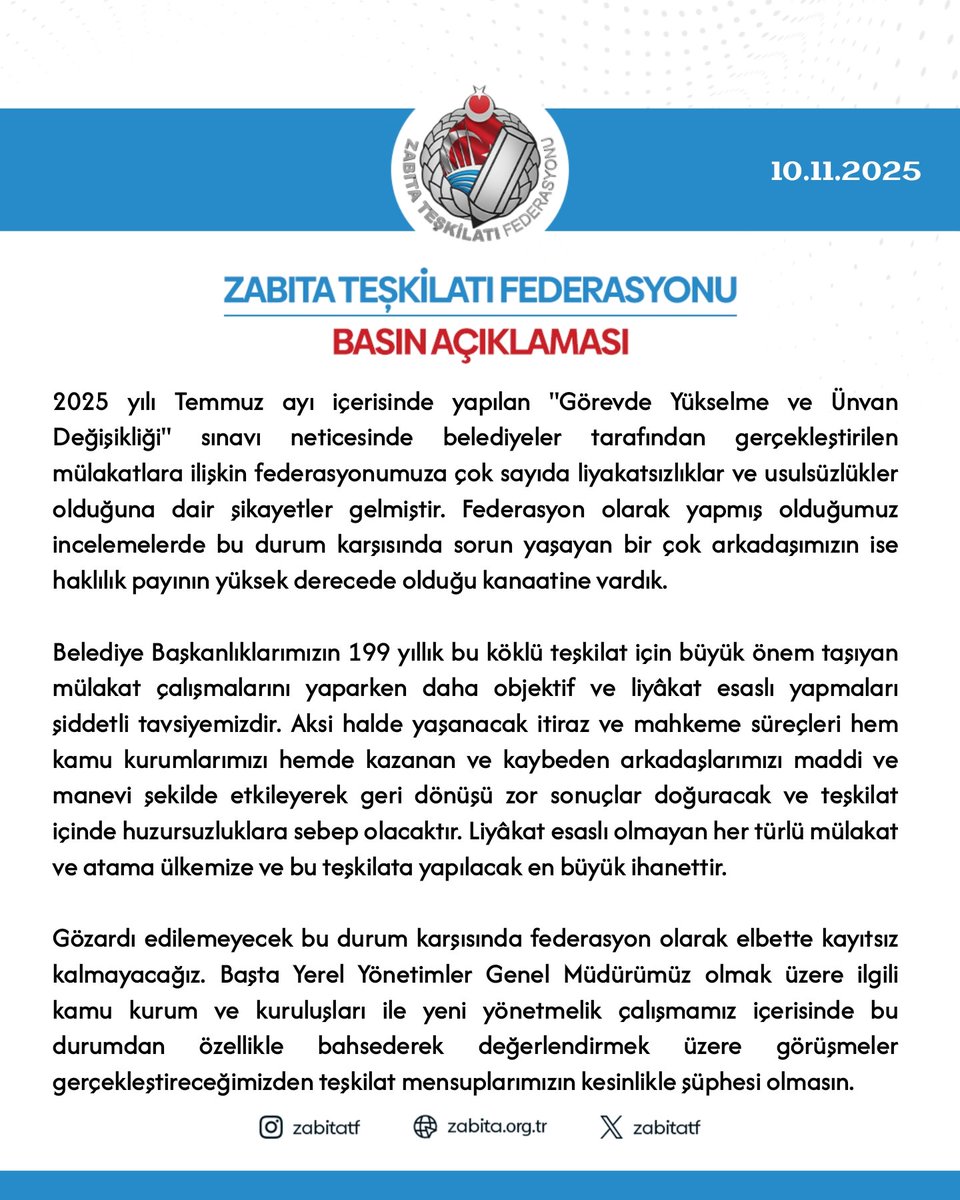 Liyâkat esaslı olmayan her türlü mülakat ve atama ülkemize ve bu teşkilata yapılacak en büyük ihanettir.

Abdurrahman KARABUDAK
Zabıta Teşkilatı Federasyonu
Genel Başkanı