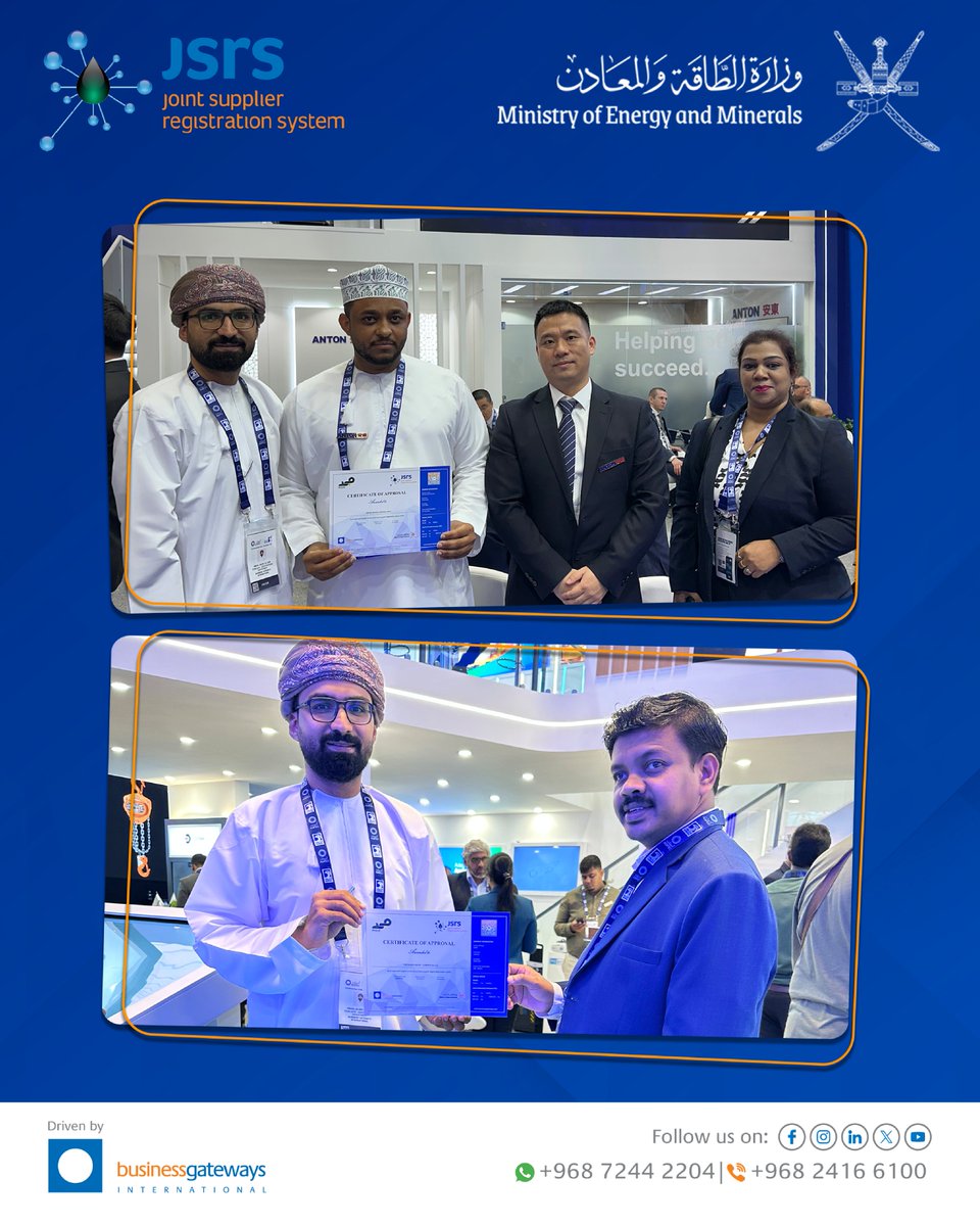 JSRS_Oman's tweet image. At ADIPEC 2025, the JSRS Team proudly presented 400+ JSRS Certifications to valued suppliers, celebrating trust, transparency, and collaboration across Oman’s procurement ecosystem.

#JSRS #BGI #ADIPEC2025 #OmanBusiness #InCountryValue #OmanVision2040