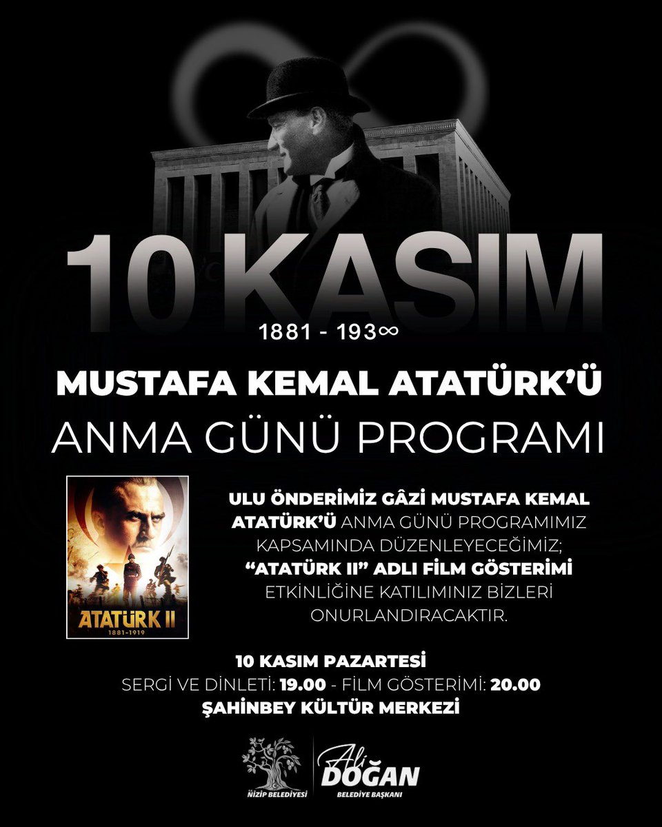 Cumhuriyetimizin Banisi, Milli Mücadelemizin başkomutanı Gazi Mustafa Kemal Atatürk’ün destansı hikayesini anlatan Atatürk II filminin gösterimine tüm hemşehrilerimiz davetlidir.
🗓️10.11.2025
⏰ 19:00
📍Şahinbey Kültür Merkezi