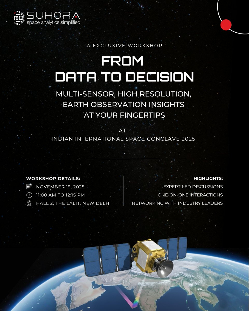 We’re excited to host an interactive workshop at #IISC2025, The Lalit, New Delhi, on Nov 19, 2025.
Explore how SPADE enables a unified, multi-sensor approach to deliver near real-time, industry-grade insights for smarter decisions across sectors.
#Suhora #EarthObservation