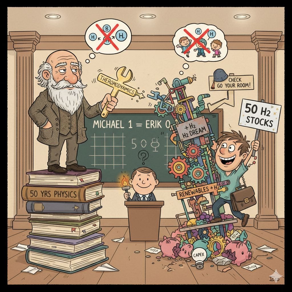 comical_engr's tweet image. The Michael Liebreich vs. Erik Rakhou debate on #hydrogen was less of a debate and more of a live demonstration of what happens when physics walks into a room full of PowerPoints.

Erik came armed with optimism, optionality, and a dream of “renewables plus hydrogen” dancing in…