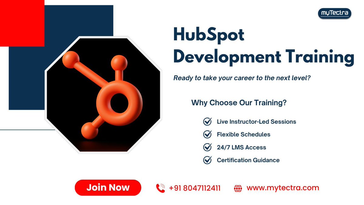 mytectra's tweet image. Take your digital marketing and CRM skills to the next level with our expert-led Live Online HubSpot Development Training at myTectra! 🚀

📞 Call Us Now: +91 8047112411
🌐 Visit: mytectra.com

#hubspot #hubspotdevelopment #hubspotcms #hubspottraining #mytectra