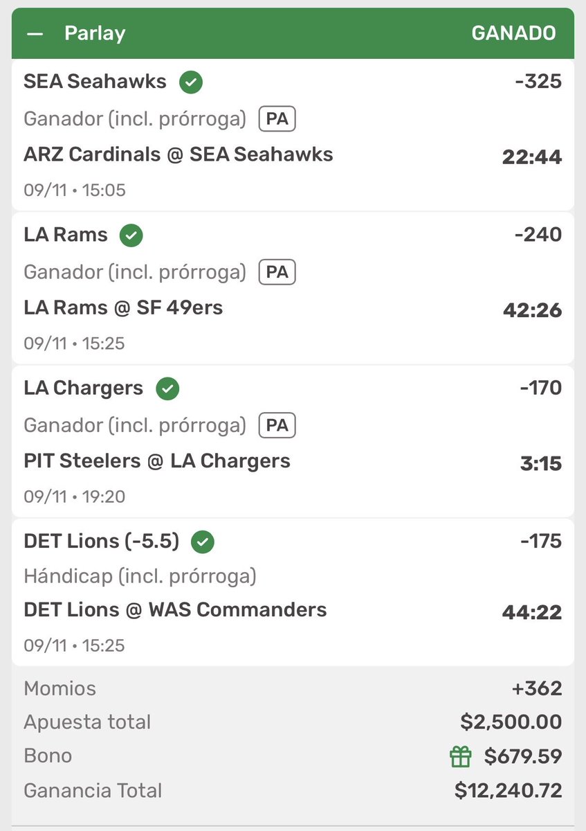 $1800 más entre los RT Y ❤️ 

Parley NFL+362 ✅✅🏈🏈  

El día de hoy fue una auténtica LOCURA , 2 parleys cobrados y uno de ellos lo dejé totalmente gratis con momio +600 🤯🤯

Y donde pasa ? SOLO EN LA COMUNIDAD DEL KOALA , donde rendirse no es opción 

LA KOALAAANETA 🚍🚍🐨