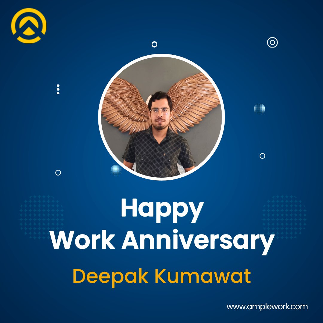 AmpleworkPvtLtd's tweet image. Amplework wishes you a very Happy Work Anniversary, Deepak Kumawat! 🎉

We&apos;re grateful to have you as a valued part of our team. Your dedication, hard work, and meaningful contributions truly stand out. 

#workanniversary #amplework #employeeappreciation #teamcelebration
