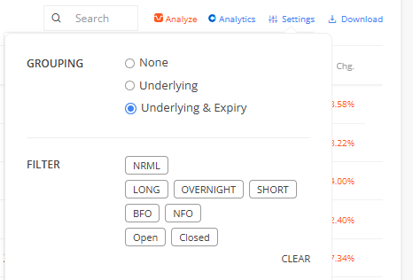 PASAMTrading's tweet photo. Thanks @zerodha for this feature - grouping positions basis expiry and index. It was long overdue.🙏 https://t.co/mhmXFgMb4X