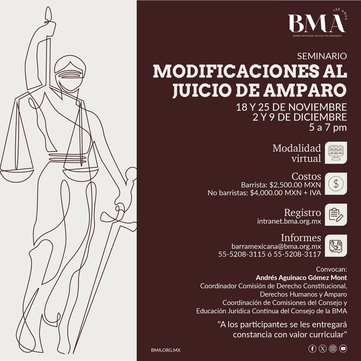 📢 Capacítate con la BMA
Participa en el Seminario: “Modificaciones al Juicio de Amparo”, impartido en modalidad virtual.
🗓 18 y 25 de noviembre, 2 y 9 de diciembre
🕔 5 a 7 p.m.
🎓 Con valor curricular
💻 Registro: intranet.bma.org.mx
📩 barramexicana@bma.org.mx
#BMA