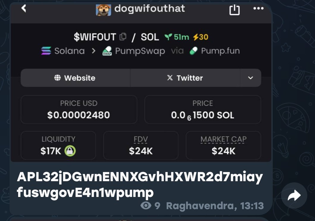 Raghavak0nSol's tweet photo. $WIFOUT
MCAP: $24K
CA:
APL32jDGwnENNXGvhHXWR2d7miayfuswgovE4n1wpump
#SOLANA
#WIFOUT
#DOGWIFOUTHAT https://t.co/AHQSlv6DSS