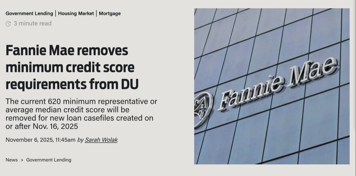 darrelltalksfi's tweet image. Fannie Mae removes minimum credit score requirements for mortgages. 

The current 620 minimum credit score will be eliminated for new loans starting on Nov. 16, 2025.

I don’t see this ending well 😬
