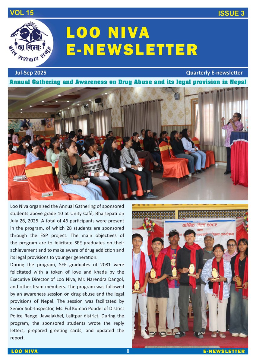 📷📷📷Loo Niva has published "E-NEWS LETTER JUL-SEP 2025."
For more details: Please Visit us on,
📷 loonivachild.org.np/publications 📷
📷 instagram.com/loonivachild/ 📷
📷 facebook.com/loonivachild 📷
#looniva #childparticipant #Newsforall