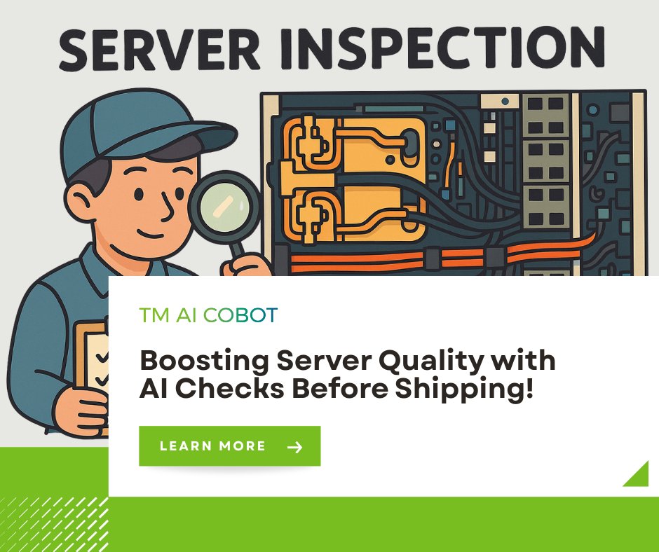 techmanrobot's tweet image. 【💡AI Use Case】From manual checking to #AI-powered precision.
The TM AI Cobot uses built-in vision and AI+ Trainer to automate final #server inspection—spotting every connector, cable, and screw in real time for reliable, traceable results.
reurl.cc/1OndvV