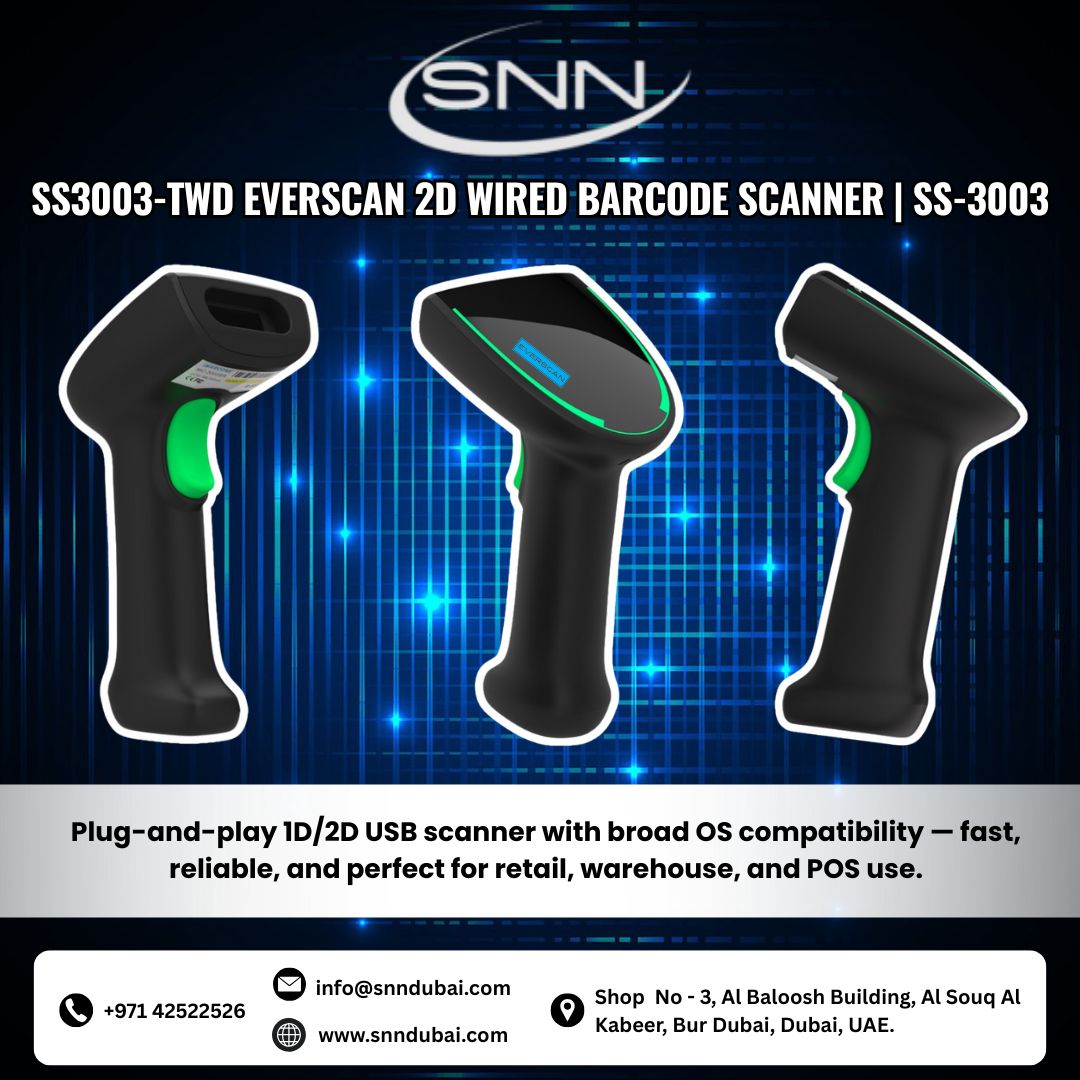 snndubai's tweet image. The EverScan 2D Wired Barcode Scanner (Part No. SS3003-TWD) is a high-performance, plug-and-play USB scanner designed for fast and accurate decoding of both 1D and 2D barcodes. 
#EverScan #SS3003TWD #2DBarcodeScanner #WiredScanner #POSScanner #RetailSolutions #WarehouseAutomation